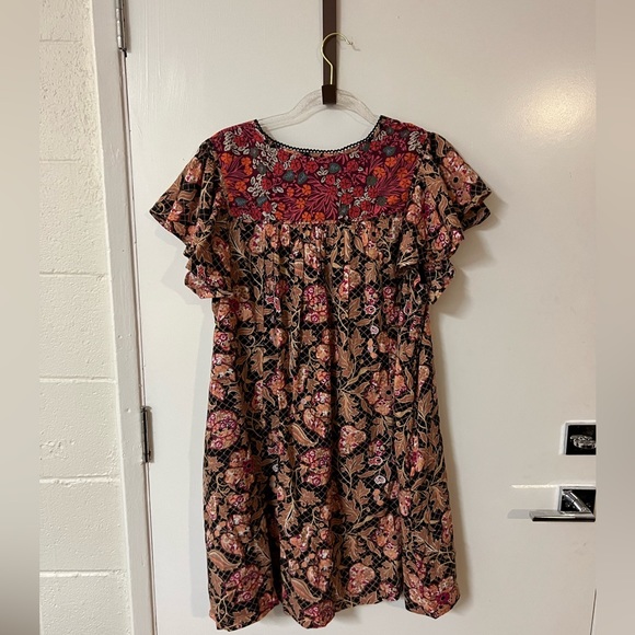 By Anthropologie Ruffled Tunic Dress Black Motif Short Sleeve Mini Size L - Picture 10 of 11